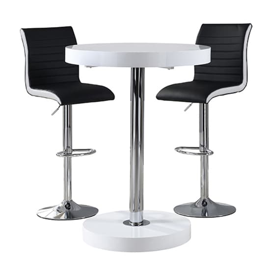 Hixson Bar Table In White With 2 Riga Black And White Bar Stools