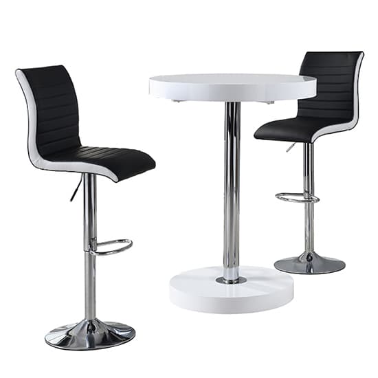 Hixson Bar Table In White With 2 Riga Black And White Bar Stools