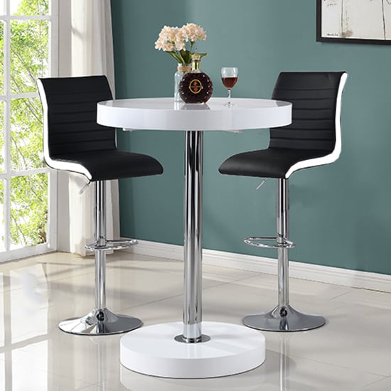Hixson Bar Table In White With 2 Riga Black And White Bar Stools