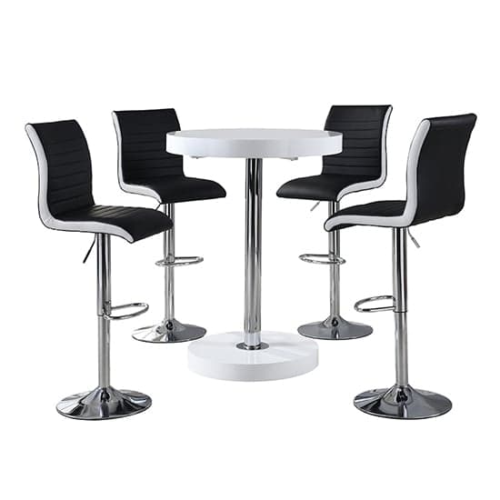 Hixson Bar Table In White With 4 Riga Black And White Bar Stools