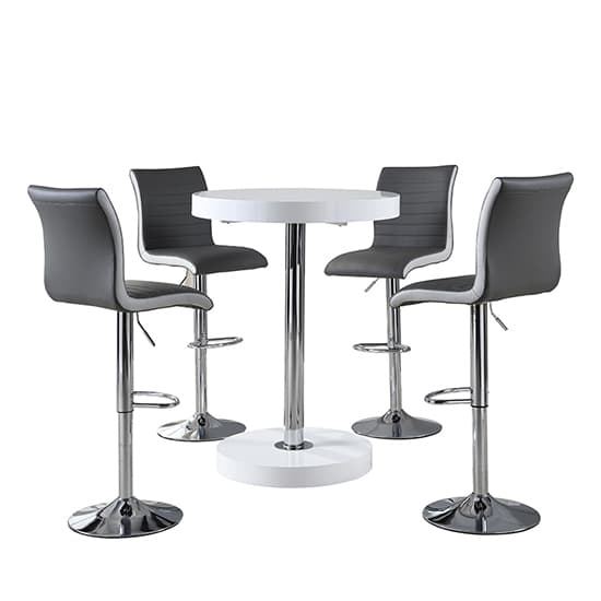 Hixson Bar Table In White With 4 Riga Grey And White Bar Stools
