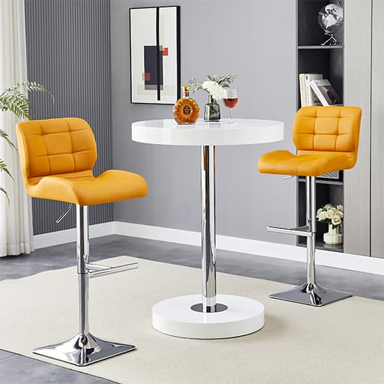 Hixson White High Gloss Bar Table With 2 Canyon Curry Stools