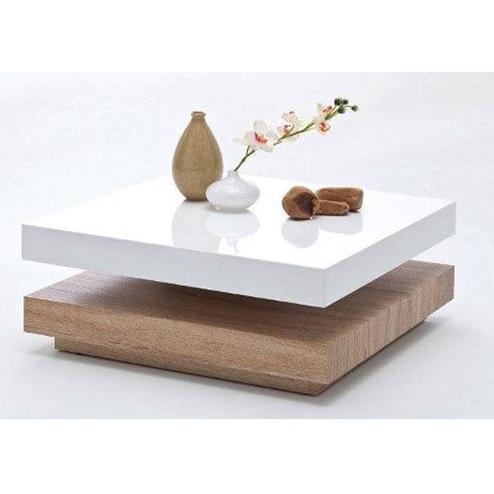 Huron Rotating Gloss Coffee Table In White And Oak Effect