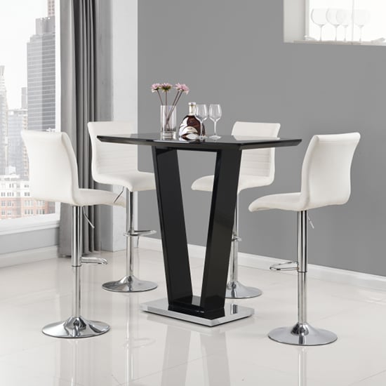 Indio Black High Gloss Bar Table With 4 Rifle White Stools