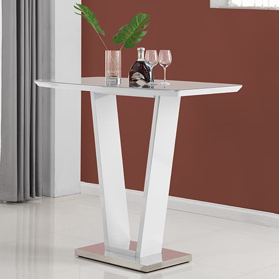 Indio White High Gloss Bar Table With 4 Rifle White Stools