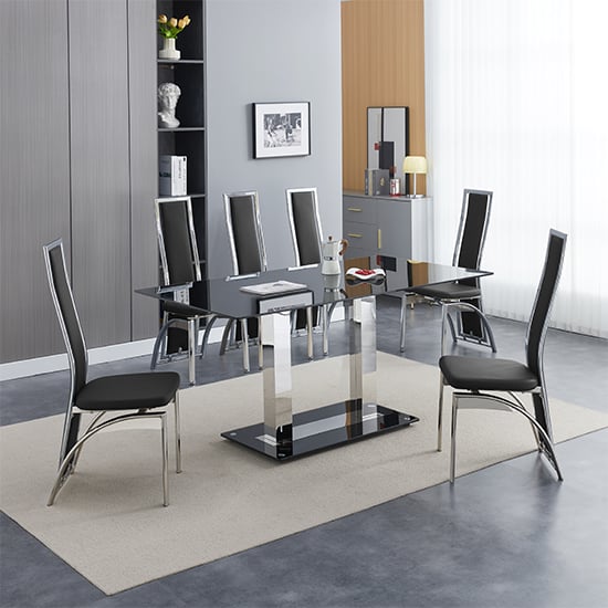 Joliet Large Black Glass Dining Table With 6 Chickasha Black Chairs