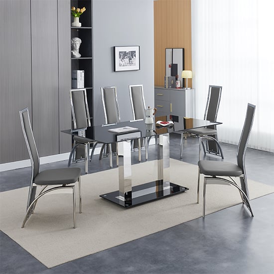 Joliet Large Black Glass Dining Table With 6 Chickasha Grey Chairs
