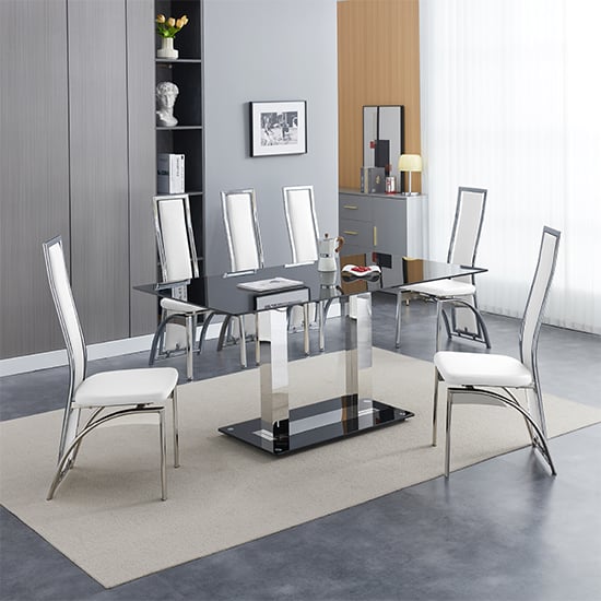 Joliet Large Black Glass Dining Table With 6 Chickasha White Chairs