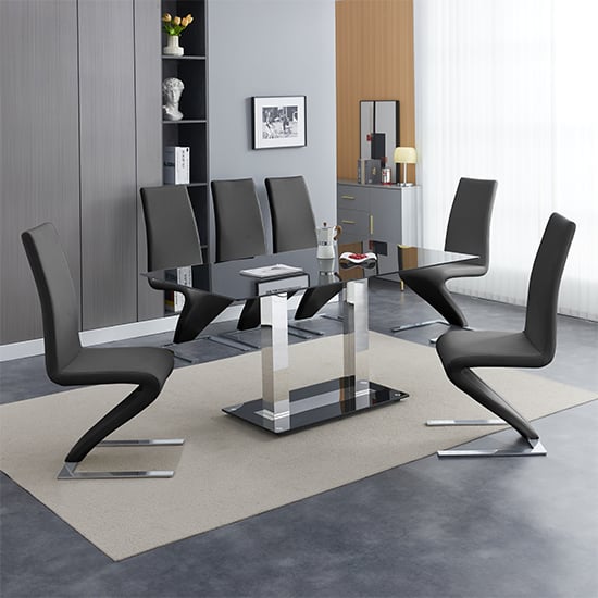 Joliet Large Black Glass Dining Table With 6 Destin Z Black Chairs