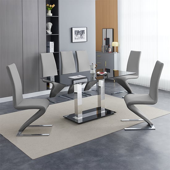 Joliet Large Black Glass Dining Table With 6 Destin Z Grey Chairs