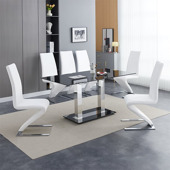 Joliet Large Black Glass Dining Table With 6 Destin Z White Chairs