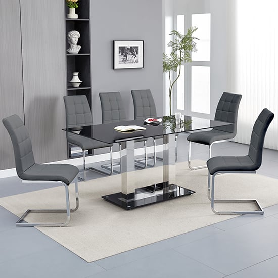 Joliet Large Black Glass Dining Table With 6 Paradise Grey Chairs