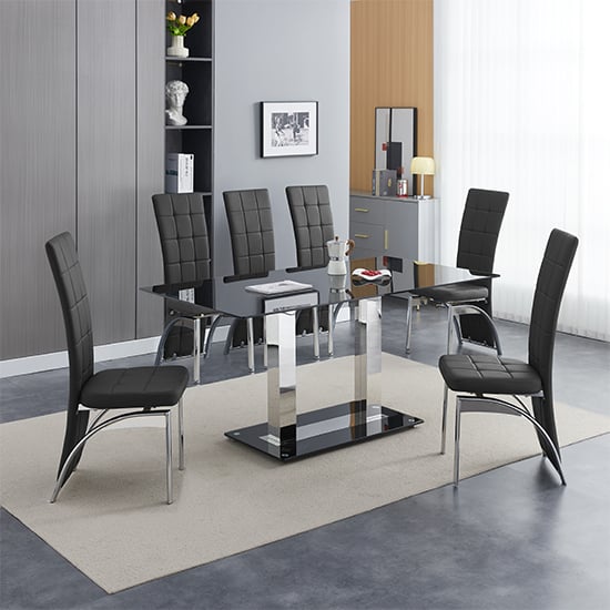 Joliet Large Black Glass Dining Table With 6 Riverton Black Chairs