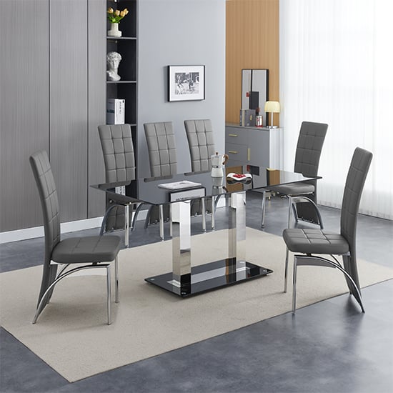 Joliet Large Black Glass Dining Table With 6 Riverton Grey Chairs