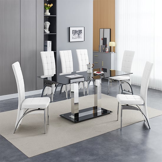 Joliet Large Black Glass Dining Table With 6 Riverton White Chairs