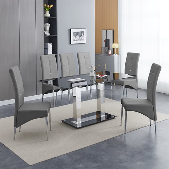 Joliet Large Black Glass Dining Table With 6 Versilia Grey Chairs