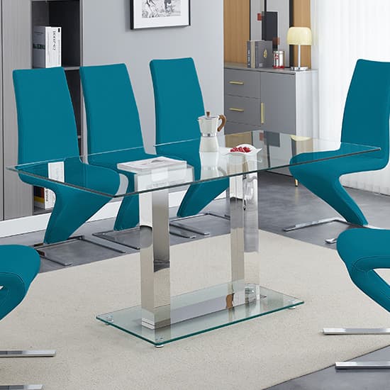 Joliet Large Clear Glass Dining Table With 6 Riverton Teal Chairs