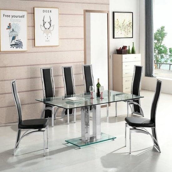 Joliet Large Glass Dining Table In Clear And 6 Chickasha Black Chairs