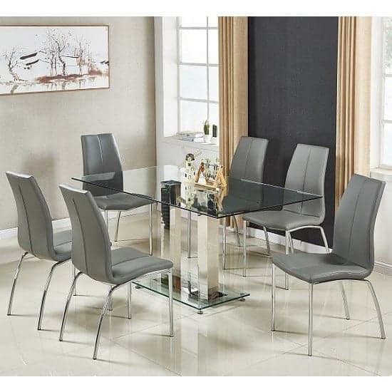 Joliet Large Glass Dining Table In Clear And 6 Opelika Grey Chairs