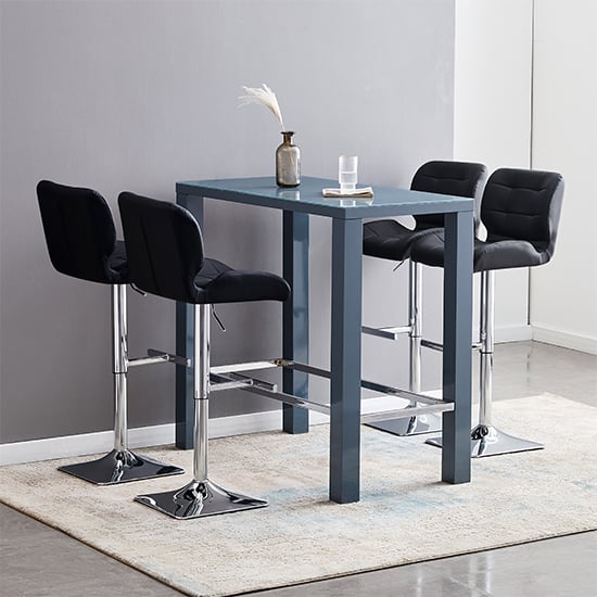 Joplin Rectangular Glass Grey Bar Table With 4 Canyon Black Stools