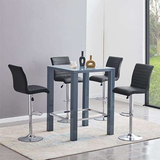 Joplin Square Glass Grey Gloss Bar Table 4 Rifle Black Stools