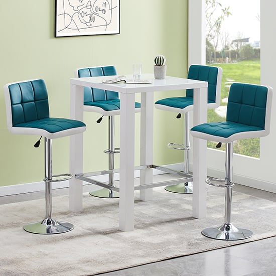 Joplin Square Glass White Gloss Bar Table 4 Cortez Teal Stools