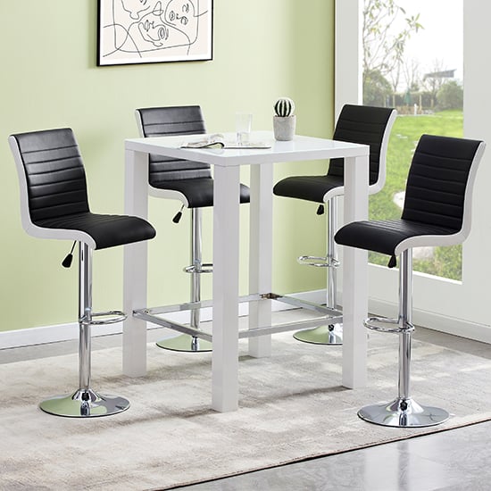 Joplin Square Glass White Gloss Bar Table 4 Riga Black White Stool