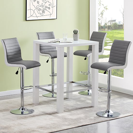 Joplin Square Glass White Gloss Bar Table 4 Riga Grey White Stools