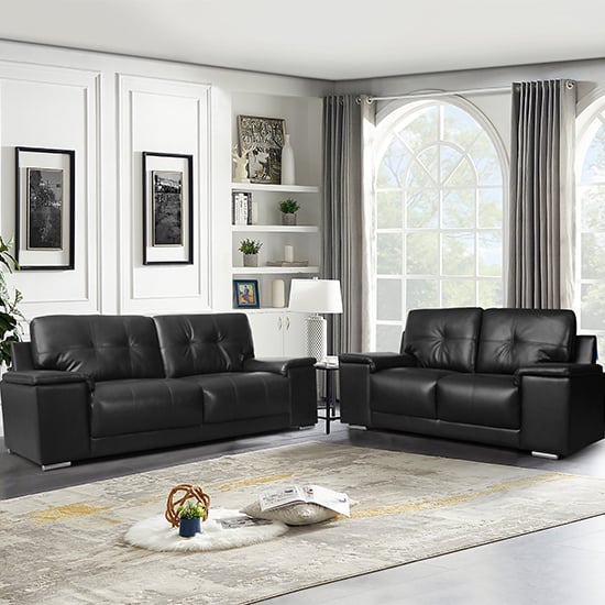 Kansas Faux Leather 3 + 2 Seater Sofa Set In Black