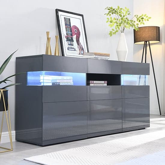 Kiefer High Gloss Sideboard In Grey With LED Lighting