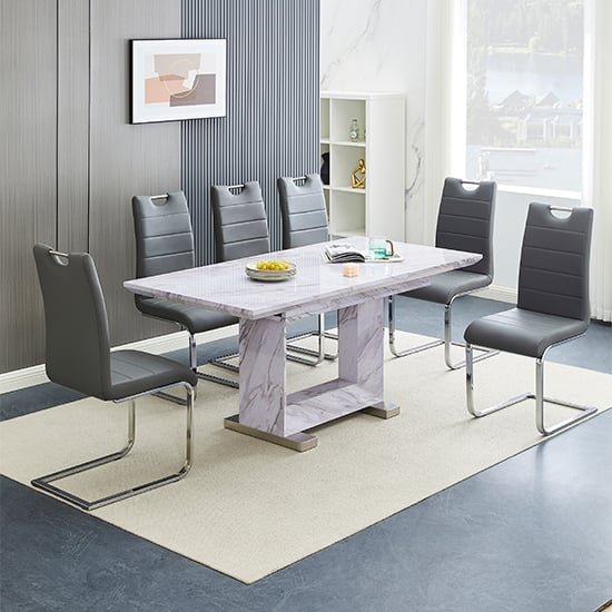 Lorain Extending Grey Dining Table With 6 Petersburg Grey Chairs