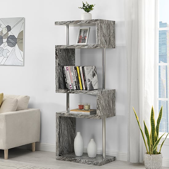Maharani High Gloss Grey Shelving Unit In Melange Marble Effect