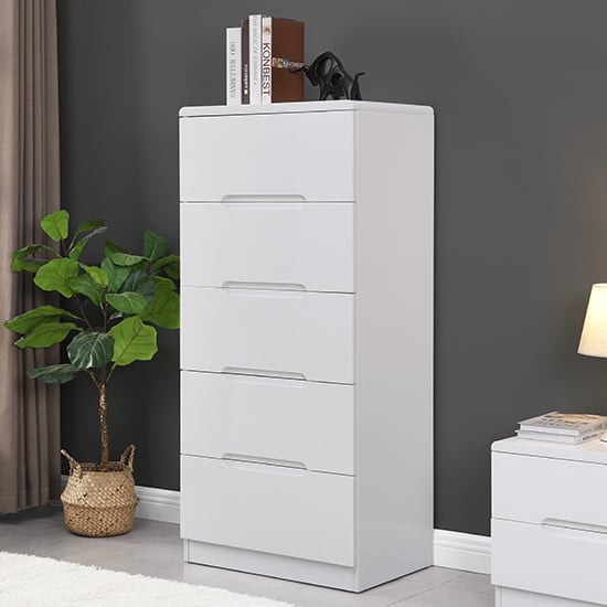Manistee Tall High Gloss Chest Of 5 Drawers In White