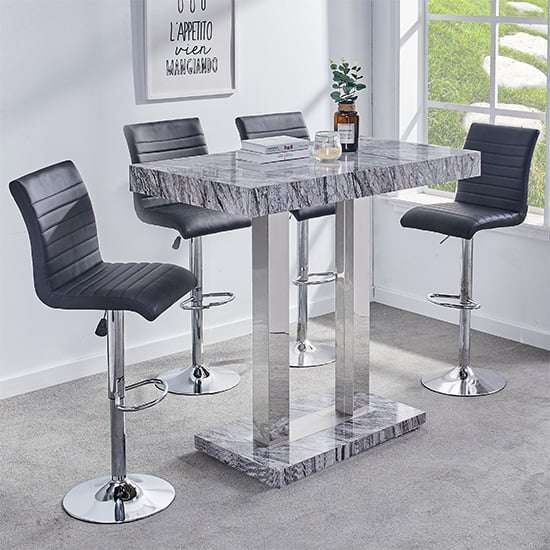 Cortina Melange Marble Effect Bar Table With 4 Rifle Black Stools