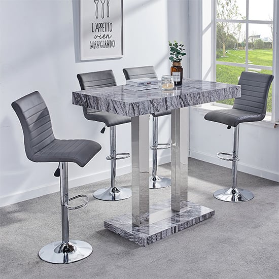Cortina Melange Marble Effect Bar Table With 4 Rifle Grey Stools