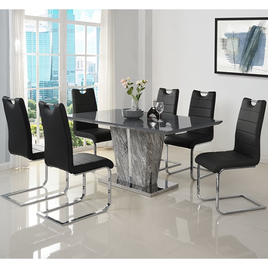 Cortina Melange Marble Effect Dining Table With 6 Petersburg Black Chairs