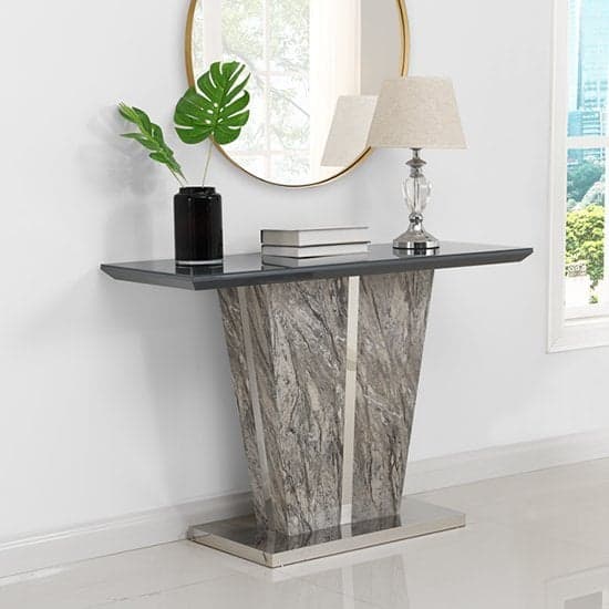 Cortina Melange Marble Effect Glass Top High Gloss Console Table In Grey