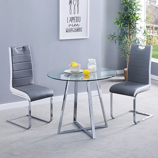 Mendon Round Glass Dining Table With 2 Petersburg Grey White Chairs