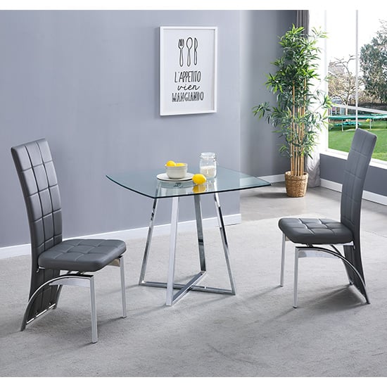 Mendon Square Glass Dining Table With 2 Riverton Grey Chairs