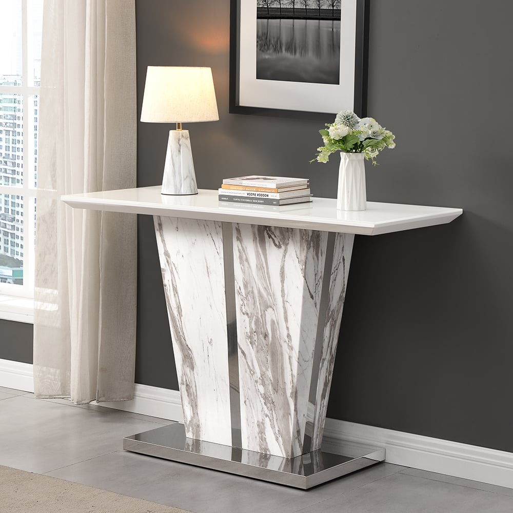 Merrill High Gloss Console Table In Filo Marble Effect Glass Top