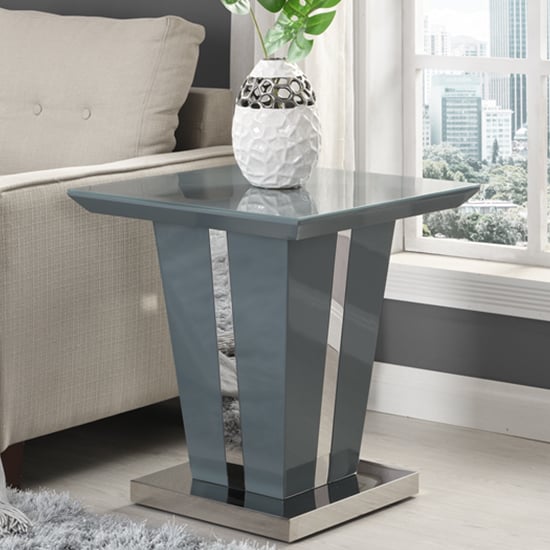 Merrill High Gloss Lamp Table In Grey With Glass Top