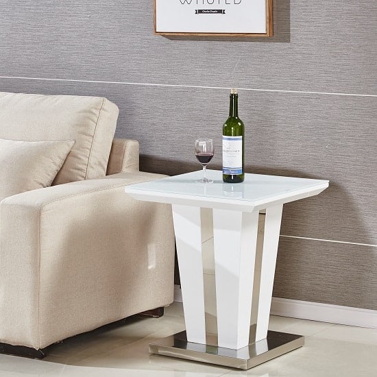 Merrill High Gloss Lamp Table In White With Glass Top