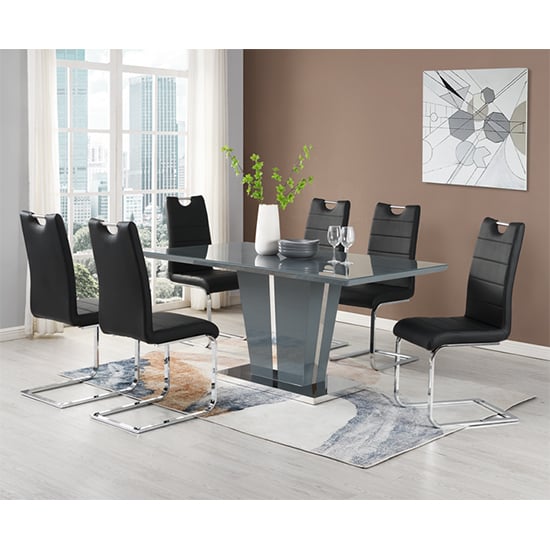 Merrill Large Grey Gloss Dining Table With 6 Petersburg Black Chairs