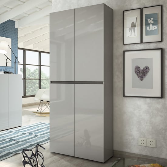 Mescalero High Gloss Shoe Cabinet Tall 4 Doors 10 Shelves In Grey