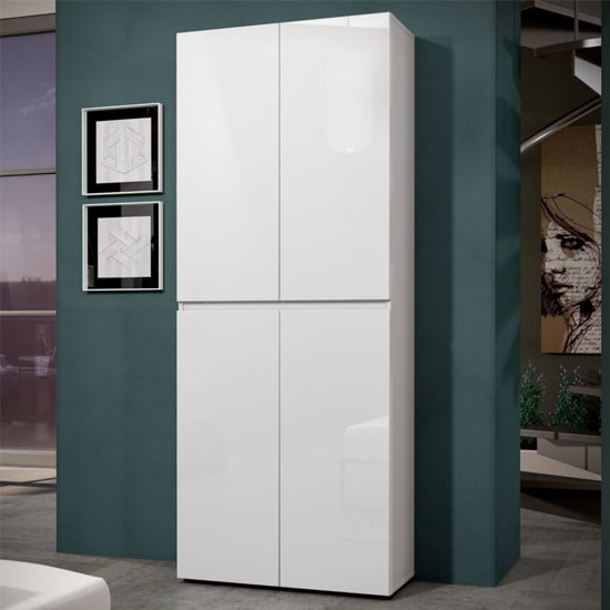 Mescalero High Gloss Shoe Cabinet Tall 4 Doors 10 Shelves In White