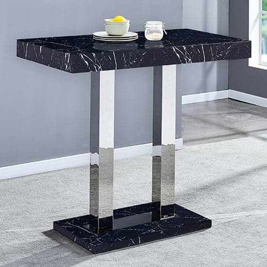 Moline Milano Marble Effect Gloss Bar Table With 4 Rifle White Stools