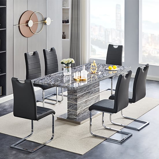Parker Extendable Dining Table In Melange 6 Petersburg Black Chairs