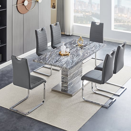 Parker Extendable Melange High Gloss Dining Table 6 Grey Chairs