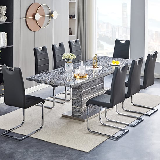 Parker Extendable Melange High Gloss Dining Table 8 Black Chairs