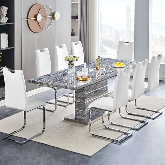 Parker Extendable Melange High Gloss Dining Table 8 White Chairs